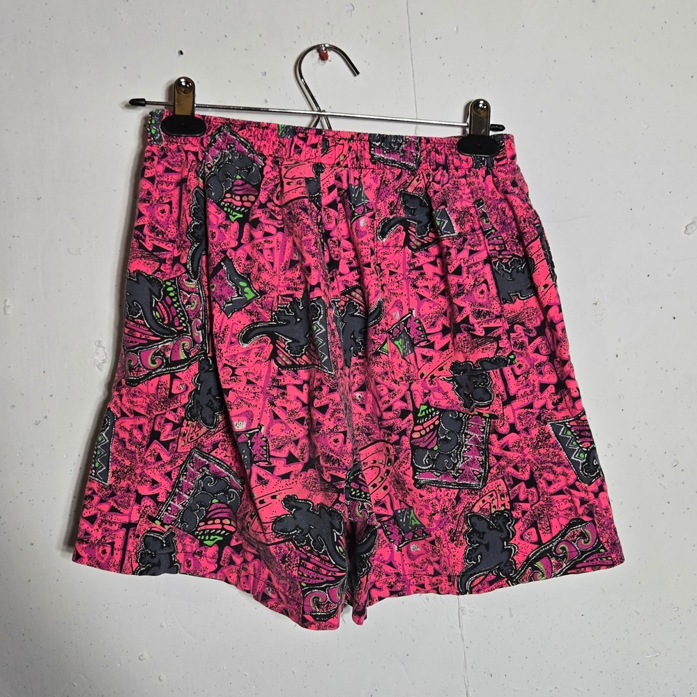 Vintage 90s Aloha Hawaiian Baggy Womens Pink Lizard Geometric Print Shorts Retro - Picture 2 of 8